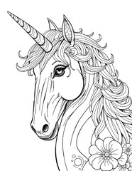 Majestic Unicorn with Flowers Coloring Page.