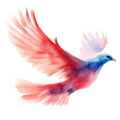 Fototapeta premium Graceful Red and Blue Bird in Flight Nature Scene Watercolor Art Vibrant Colors Artistic Perspective