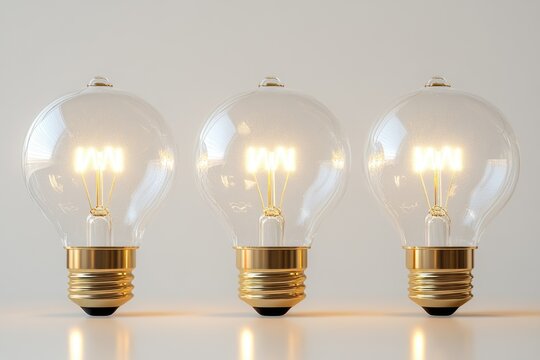 Three vintage-style light bulbs with golden bases emit a warm, bright glow against a neutral background, symbolizing ideas.