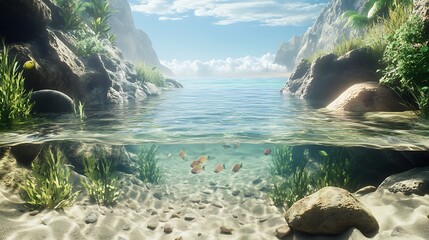 Tranquil water scene with rocks and plants