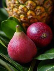 Close up of a pear shaped fruit with a passion fruit and pineapple in background