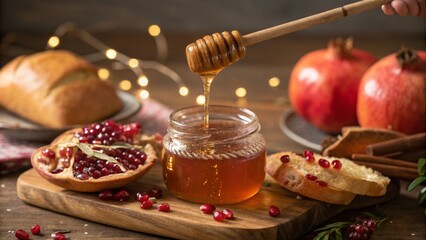 Fototapeta premium a honey dipper dripping golden honey into a bowl next to fresh red apples on a rustic wooden surface
