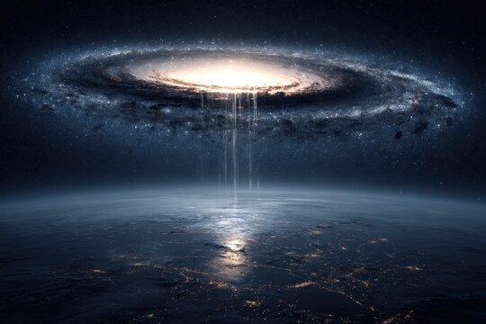 Cosmic spectacle above a serene planet.