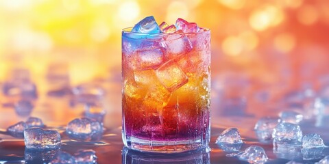 Colorful layered drink in a clear glass surrounded by ice on a vibrant background during sunset