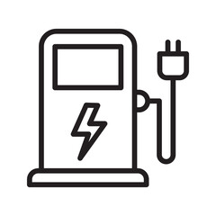 Power Station for Vehicle Car Lines and Silhouette Icons. Charger with Plug for Auto Electric Power Symbol. Charging Station for Electric Car