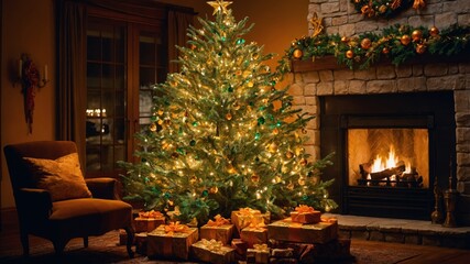 Cozy Holiday Living Room Featuring a Decorated Christmas Tree and Glowing Fireplace With Beautifully Wrapped Gifts