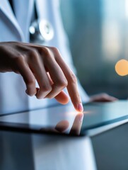 Obraz premium Doctor's hand touching tablet screen, medical technology and digital health