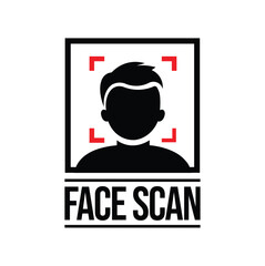 Minimalist face scan vector graphic: black silhouette in square frame with red viewfinder corners, bold 
