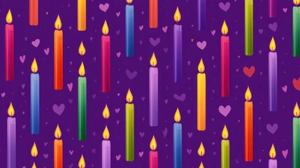 Colorful candles on a purple background with scattered hearts