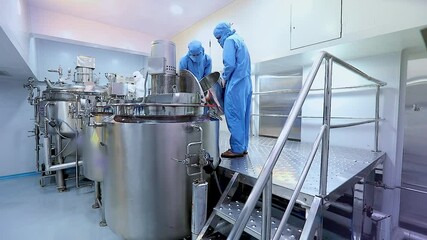 pharmaceutical industrial stainless steel vessels in cosmetic manufacturing factory for cream, lotion, gel, or liquid production with automated mixing, batching, and processing equipment