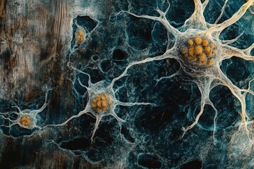 Microscopic view of neuron cells with yellow nuclei and branching axons against a textured dark blue background with wood grain pattern.