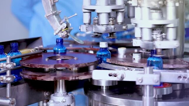 Pharmaceutical manufacturing line for liquid medicine production, automatic bottle filling machine for syrup, sanitizer, or gel in plastic bottles at sterile industrial packaging facility