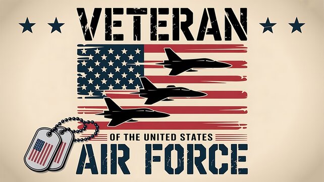 VETERAN OF THE UNITED STATES AIR FORCE banner desih with a distressed American flag backdrop. vertical stripes partially replaced by silhouettes of fighter jets., created with generative ai