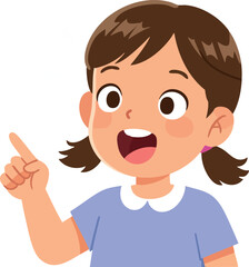 Obraz premium Girl with brown hair pointing finger in blue shirt vector illustration cheerful expression 