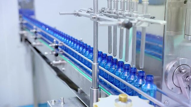 Pharmaceutical manufacturing line for liquid medicine production, automatic bottle filling machine for syrup, sanitizer, or gel in plastic bottles at sterile industrial packaging facility
