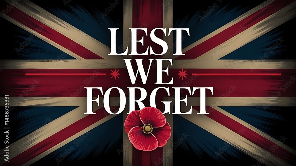 Fototapete remembrance day web banner poster design with red poppies and elegant lest we forget typography text
