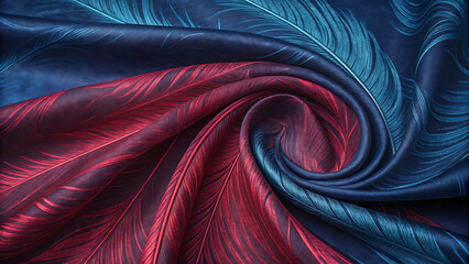 Luxurious silk fabric red blue feather print draped swirl