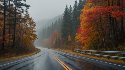Fototapeta premium Rainy Autumn Road Winding Through Colorful Trees in a Misty Landscape During the Early Morning Hours
