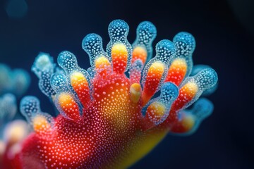 Naklejka premium Vibrant gecko foot with adhesive toe pads against a dark background, showing intricate patterns and vivid color gradients.