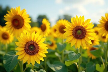 Fototapeta premium Sunflowers in full bloom, vibrant yellow petals, flowering, rural