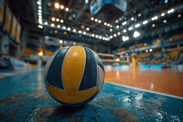 Overhead view of a volleyball court under artificial lighting, featuring a yellow and black ball, white boundary lines, empty blue seats in the background, and a light-colored floor - AI-Generated