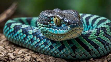 Obraz premium Vibrant Green and Blue Snake Resting on the Ground in a Natural Setting During Daylight Hours
