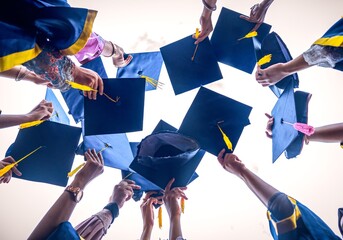 A smiling group of graduates in gowns and caps celebrate their academic achievement with diplomas...