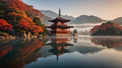 Obraz premium Serene Autumn Landscape With Traditional Pagoda Surrounded by Vibrant Foliage and Misty Mountains at Dawn