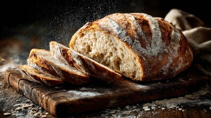 Freshly baked artisan bread, sliced on a rustic wooden board
