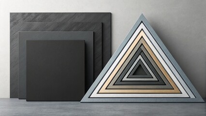 geometric shapes: nested triangles and stacked squares in muted tones  abstract metal background