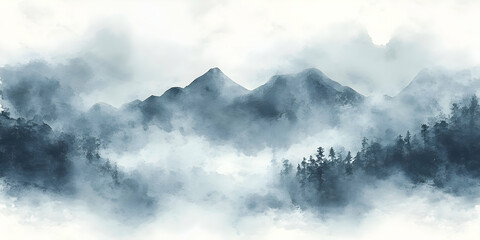 Misty Mountain Landscape with Fog and Dense Forests in Background