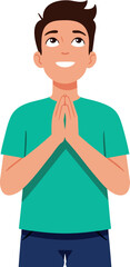 Obraz premium Young man praying with hands together hopeful expression vector illustration 