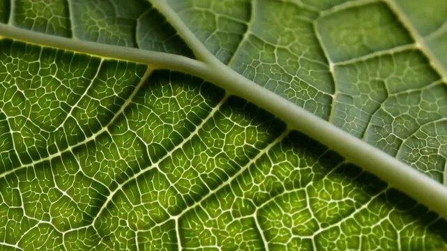 Close-up of a leaf surface, rich greens and yellows, highlighting detailed venation
