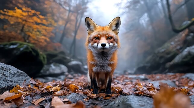this is an image of a fox standing in the middle of a forest