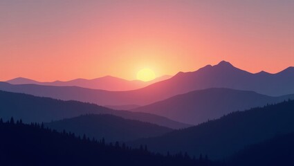 Majestic Sunset Over Mountain Range With Layers of Blue and Purple Hues Illuminating the Sky and Landscape During a Tranquil Evening in Nature