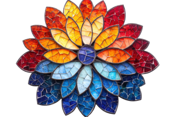 Colorful mosaic flower design showcasing vibrant petals arranged in a circular pattern with sparkling accents on a transparent background