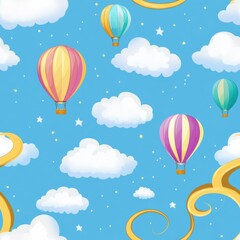 Colorful hot air balloons drifting through a serene sky adorned with fluffy clouds and a whimsical golden spiral design perfect for preschool backgrounds