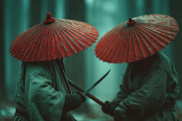 Two figures in traditional Japanese attire stand beneath vibrant red umbrellas amidst an enchanted forest at twilight The scene, rich with texture and color, suggests a mysterious stor - AI-Generated