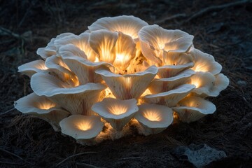 A cluster of luminous oyster mushrooms glows ethereally in the dark forest, casting soft light from within their delicate gills.