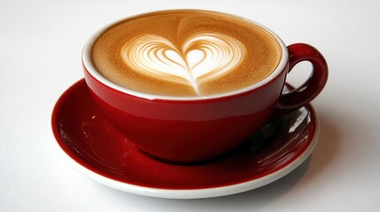 A steaming cup of coffee with a heart design in the foam, nestled in a vibrant red saucer