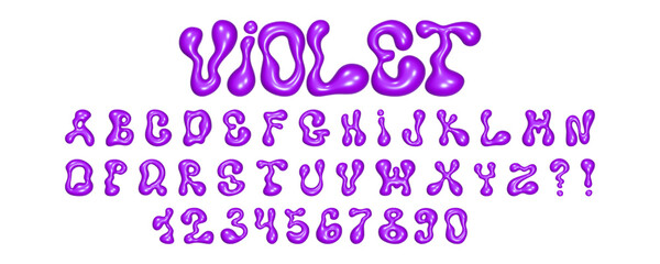 Wavy 3D font showcasing liquid letters and numbers in a vibrant glossy purple color, ideal for creative graphic design projects.