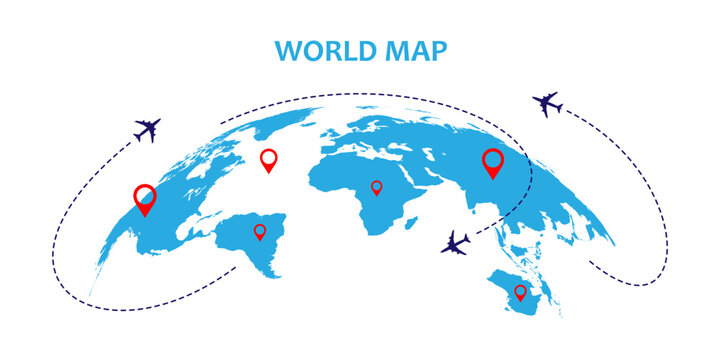 Infographic vector world map with multiple locations. world map with red pointers. Simple World map infographic communication template with pointer marks