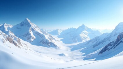 Fototapeta premium Snow-covered Mountains and Valleys Under Clear Blue Sky During Daytime Create a Serene and Stunning Winter Landscape
