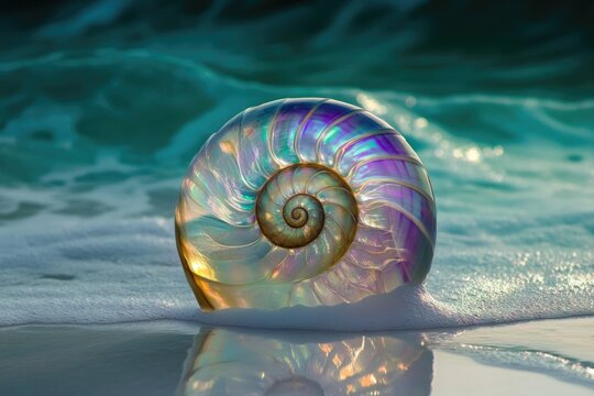 A mesmerizing nautilus shell rests gently on the shoreline, kissed by gentle waves and reflecting ethereal, vibrant colors. - Powered by Adobe