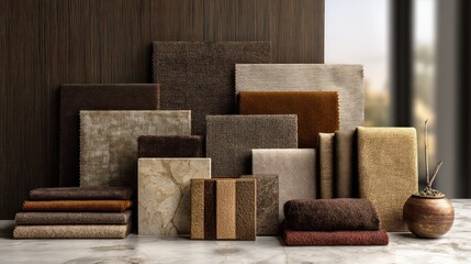 Collection of textured fabrics and panels in various warm earthy tones