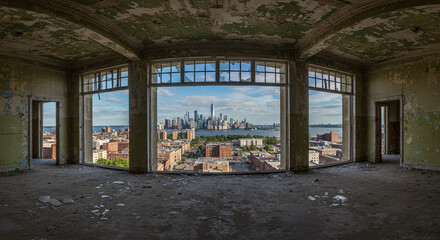 Fototapeta premium View of new york city skyline from dilapidated room with peeling paint and broken windows in building