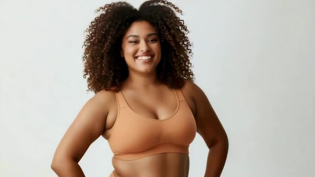 Smiling plus size woman with curly hair in a sports bra, promoting body positivity and healthy lifestyle on a light background.