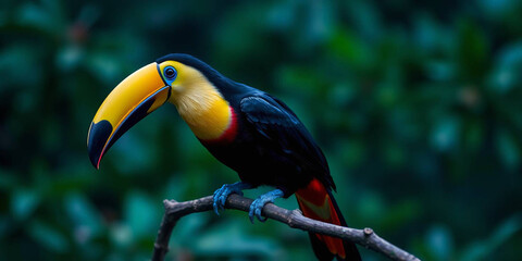 Naklejka premium a colourful toucan perched on a tree branch. The toucan is the central subject, displaying a strikingly large, multicoloured beak with shades of green, orange, and blue 