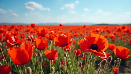 Vibrant Poppy Field Under a Bright Blue Sky Showcasing Nature's Beauty and the Essence of Spring in a Peaceful Landscape