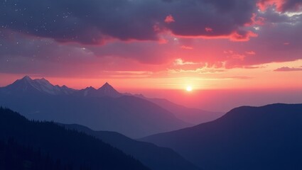 Obraz premium Sunset Over the Mountains Showcases Vibrant Colors and Tranquil Skies in the Distance Highlighting Nature's Beauty at Dusk